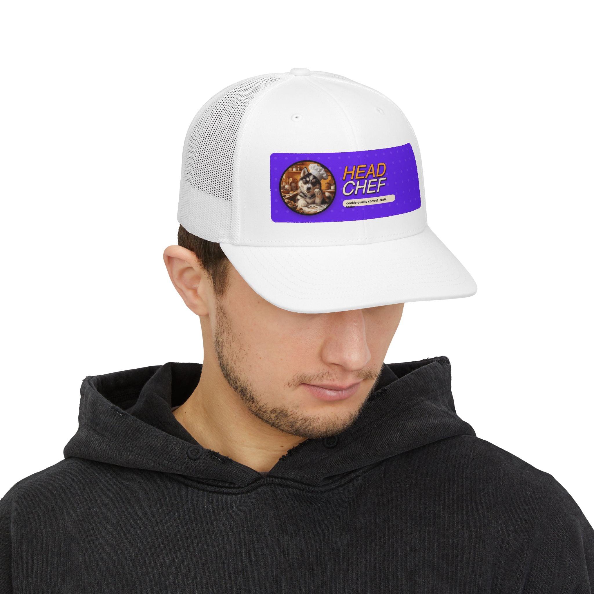 Head Chef Snapback Trucker Cap — Fun Chef Hat with Cat Portrait