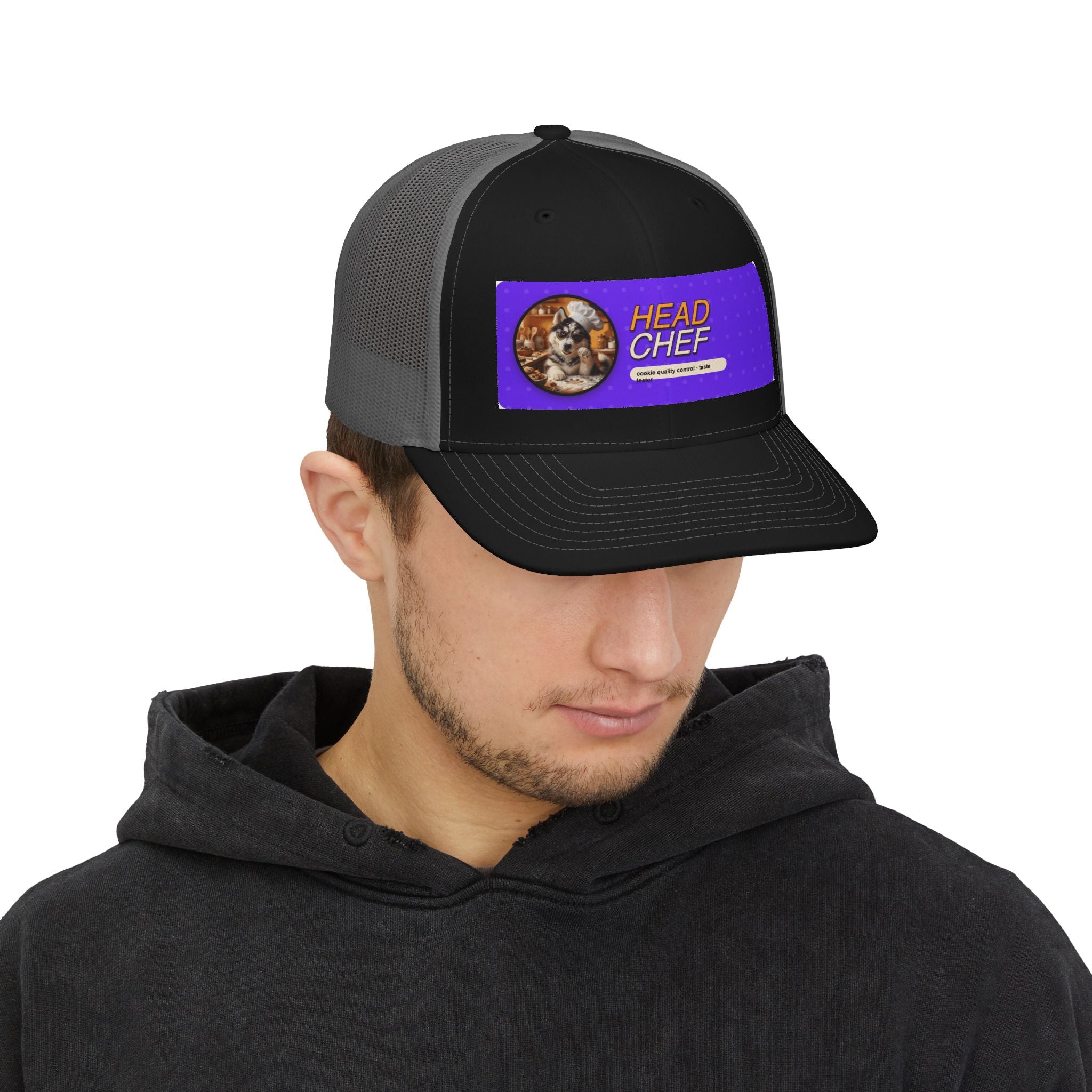 Head Chef Snapback Trucker Cap — Fun Chef Hat with Cat Portrait