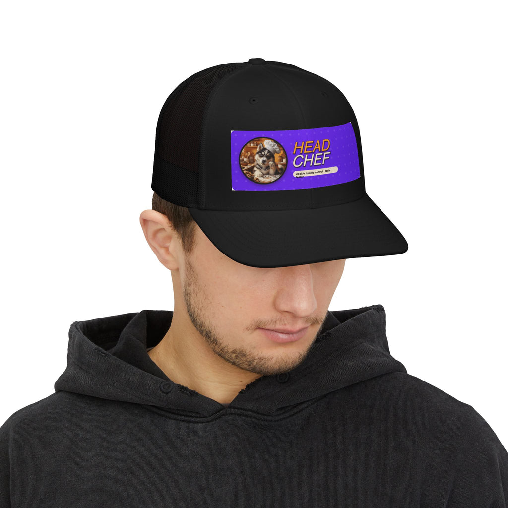 Head Chef Snapback Trucker Cap — Fun Chef Hat with Cat Portrait